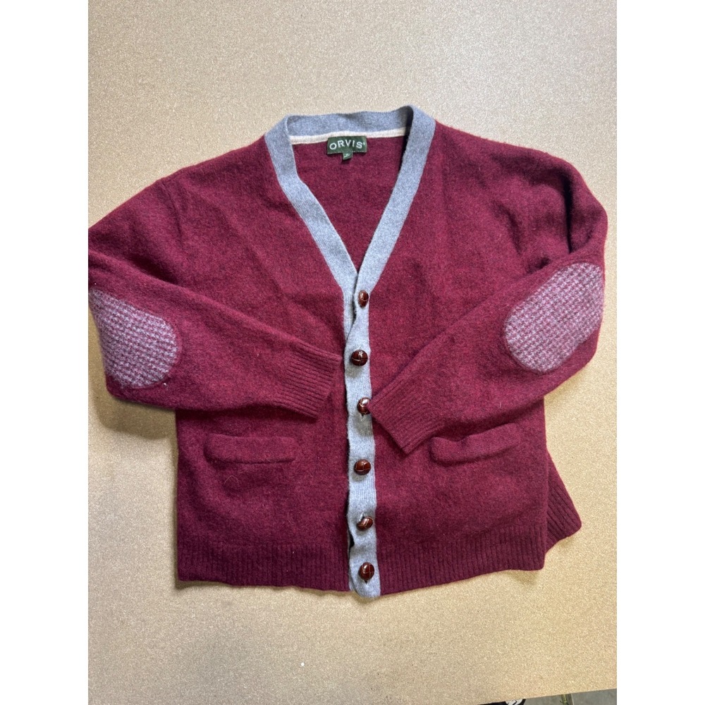 Orvis‎ womens XL Lambswool Cardigan Sweater Burgundy Grey Elbow Patches RN70534